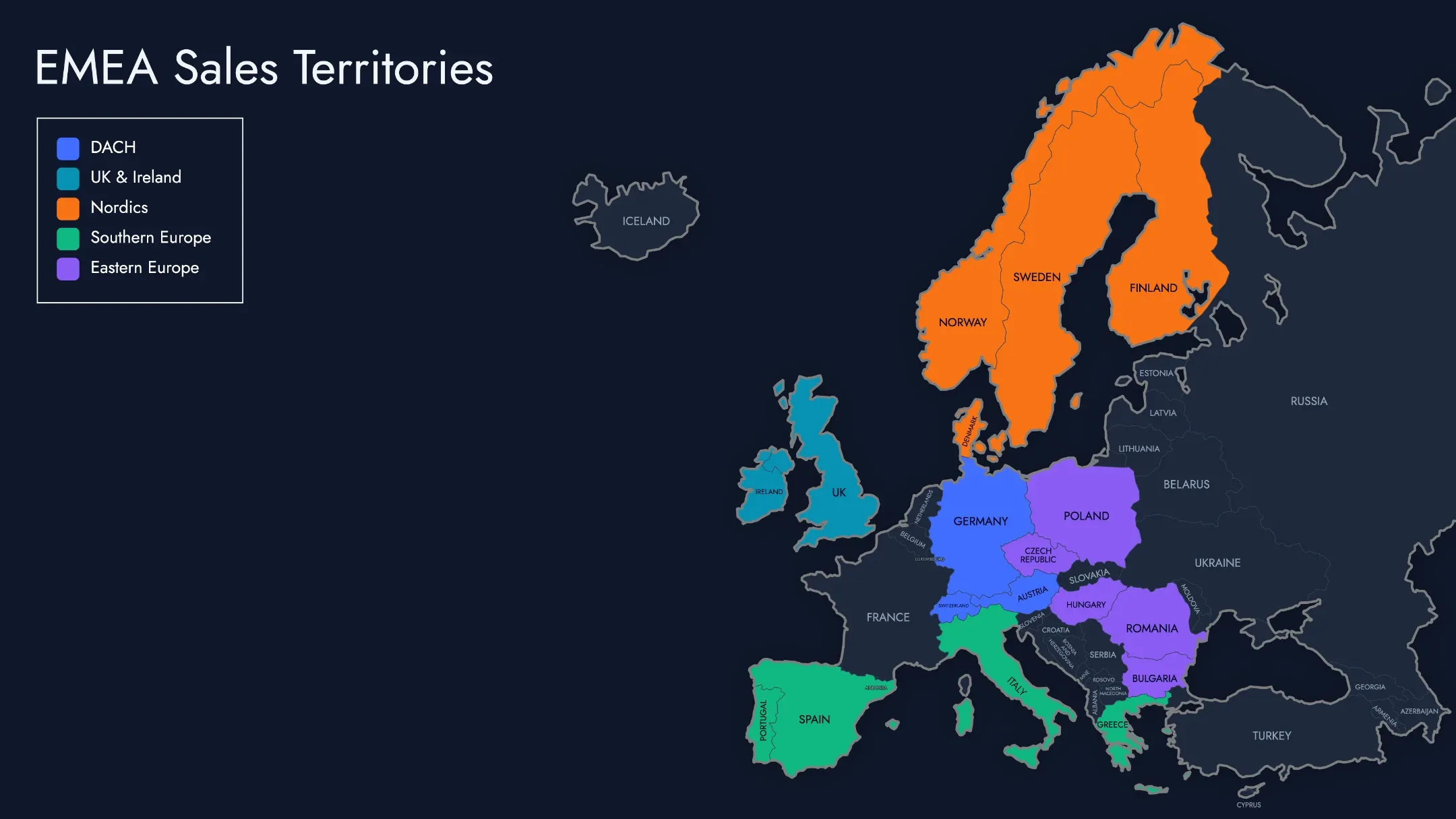 European territory map with five regions color-coded by language and geography